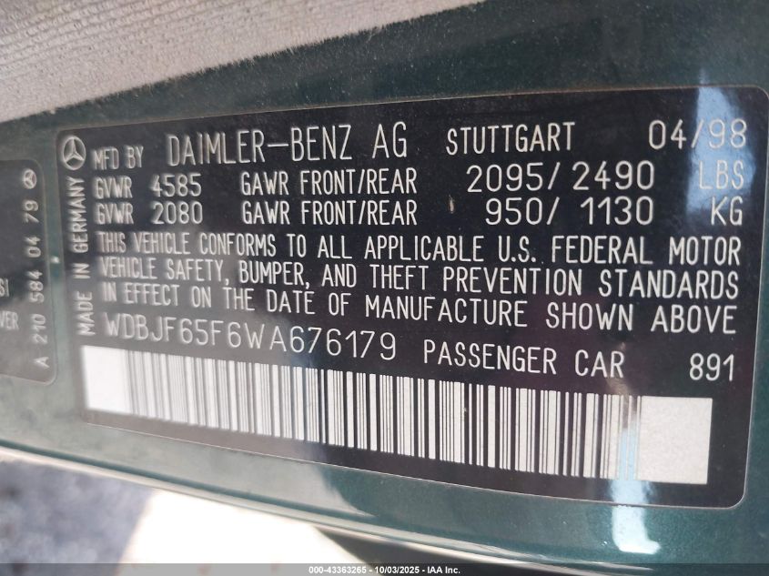 1998 Mercedes-Benz E 320 VIN: WDBJF65F6WA676179 Lot: 43363265