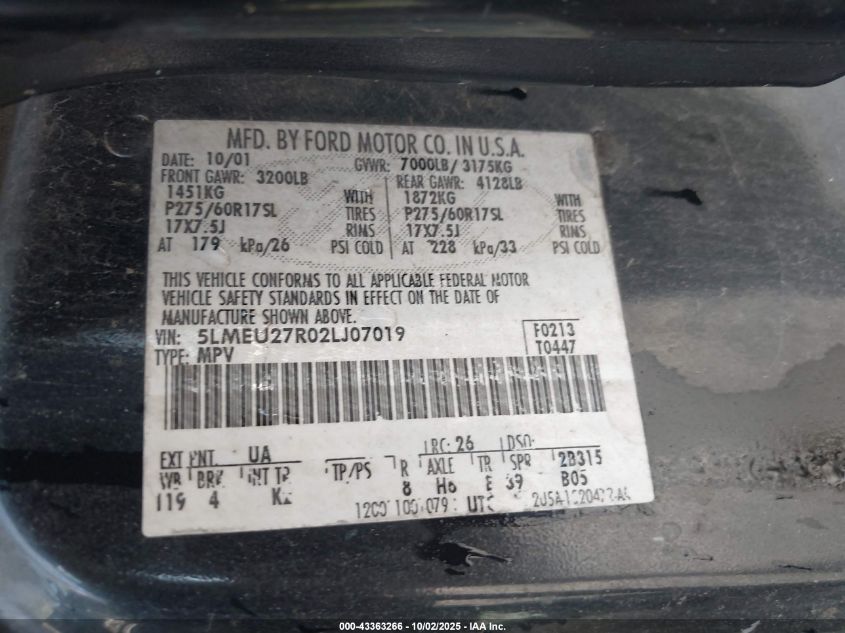 2002 Lincoln Navigator VIN: 5LMEU27R02LJ07019 Lot: 43363266