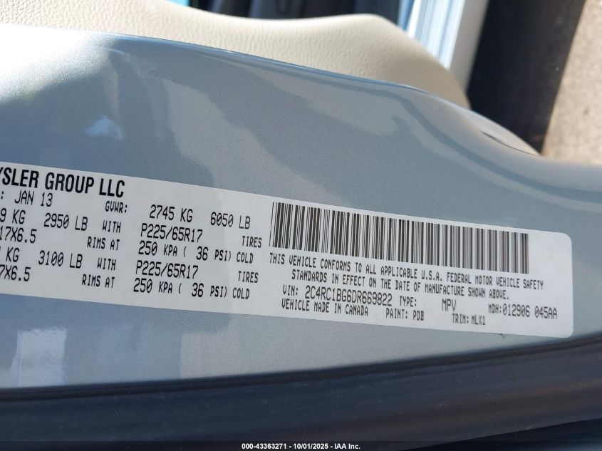 2013 Chrysler Town & Country Touring VIN: 2C4RC1BG6DR669822 Lot: 43363271