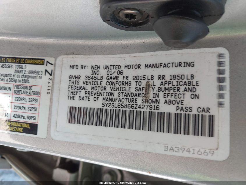 2006 Pontiac Vibe VIN: 5Y2SL65866Z427916 Lot: 43363278