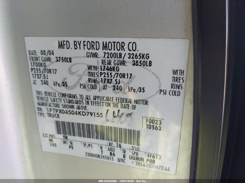 2004 Ford F-150 Fx4/Xlt VIN: 1FTPX04504KD79155 Lot: 43363280