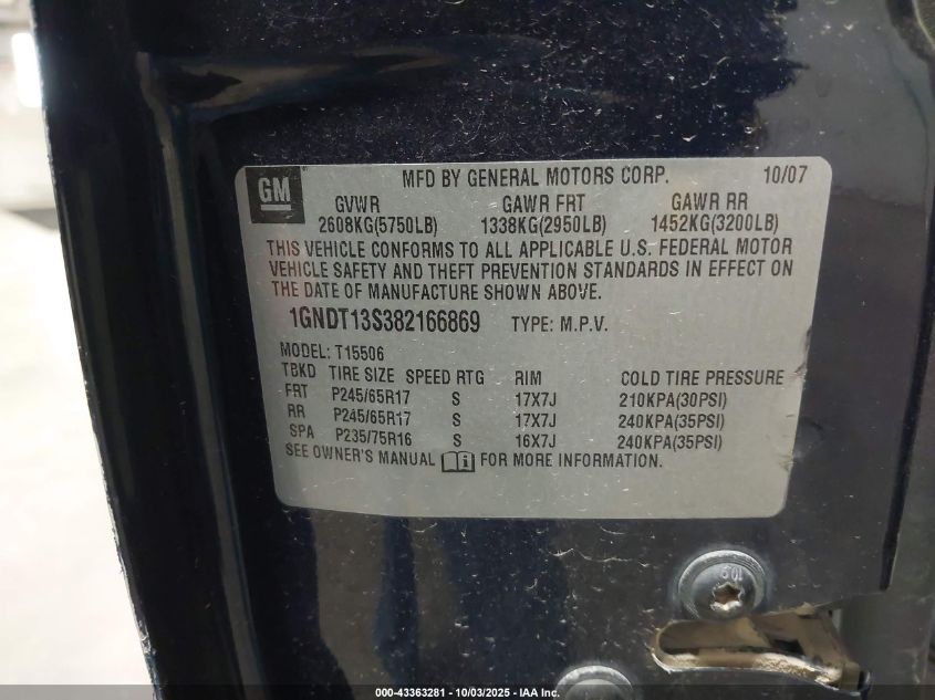 2008 Chevrolet Trailblazer Lt VIN: 1GNDT13S382166869 Lot: 43363281