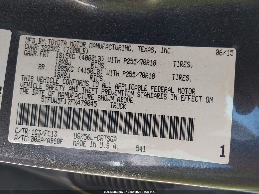 2015 TOYOTA TUNDRA SR5 5.7L V8 - 5TFUW5F17FX479045