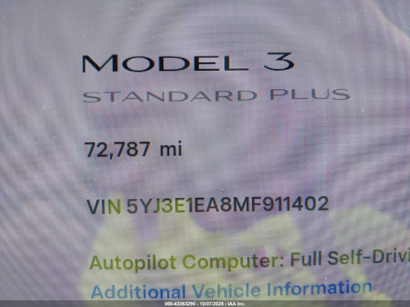 2021 Tesla Model 3 Standard Range Plus Rear-Wheel Drive VIN: 5YJ3E1EA8MF911402 Lot: 43363290