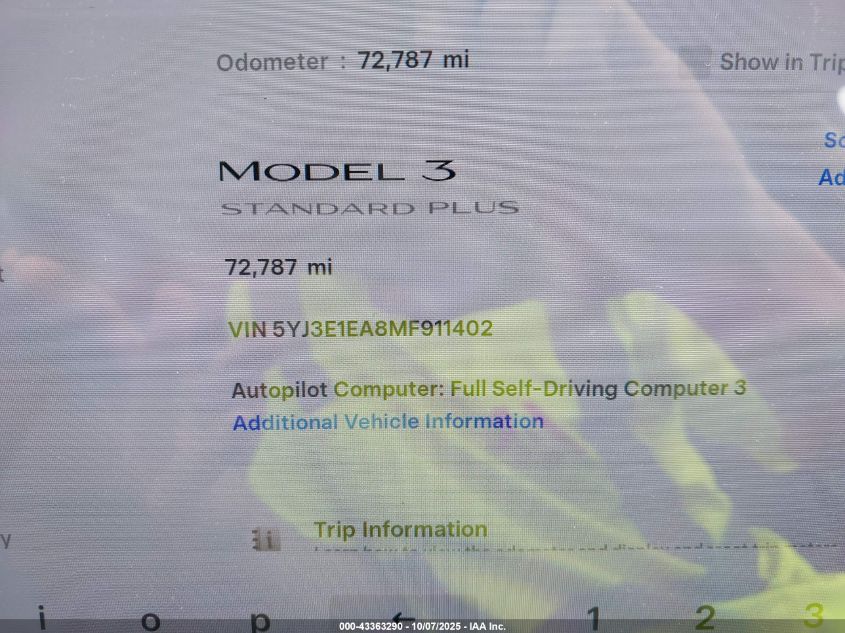 2021 Tesla Model 3 Standard Range Plus Rear-Wheel Drive VIN: 5YJ3E1EA8MF911402 Lot: 43363290