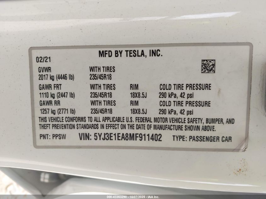 2021 Tesla Model 3 Standard Range Plus Rear-Wheel Drive VIN: 5YJ3E1EA8MF911402 Lot: 43363290