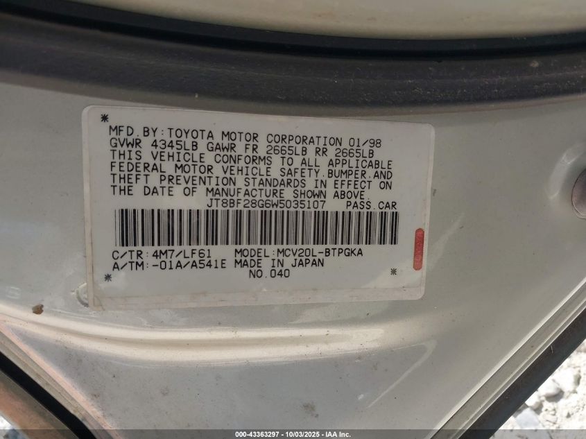 1998 Lexus Es 300 VIN: JT8BF28G6W5035107 Lot: 43363297