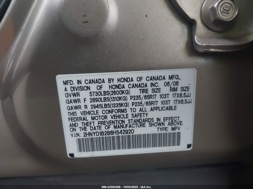 2006 Acura Mdx VIN: 2HNYD18286H542920 Lot: 43363306