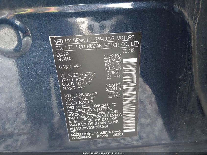 2016 Nissan Rogue Sv VIN: KNMAT2MV5GP596544 Lot: 43363307
