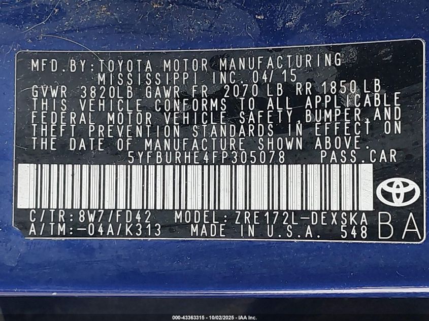 2015 Toyota Corolla S Plus VIN: 5YFBURHE4FP305078 Lot: 43363315