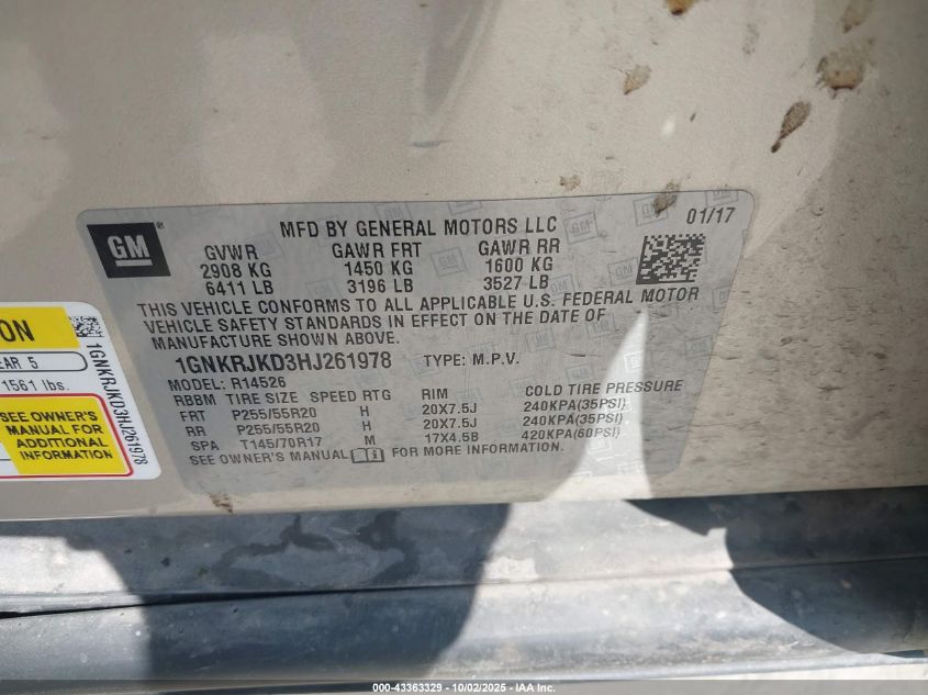 2017 Chevrolet Traverse Premier VIN: 1GNKRJKD3HJ261978 Lot: 43363329