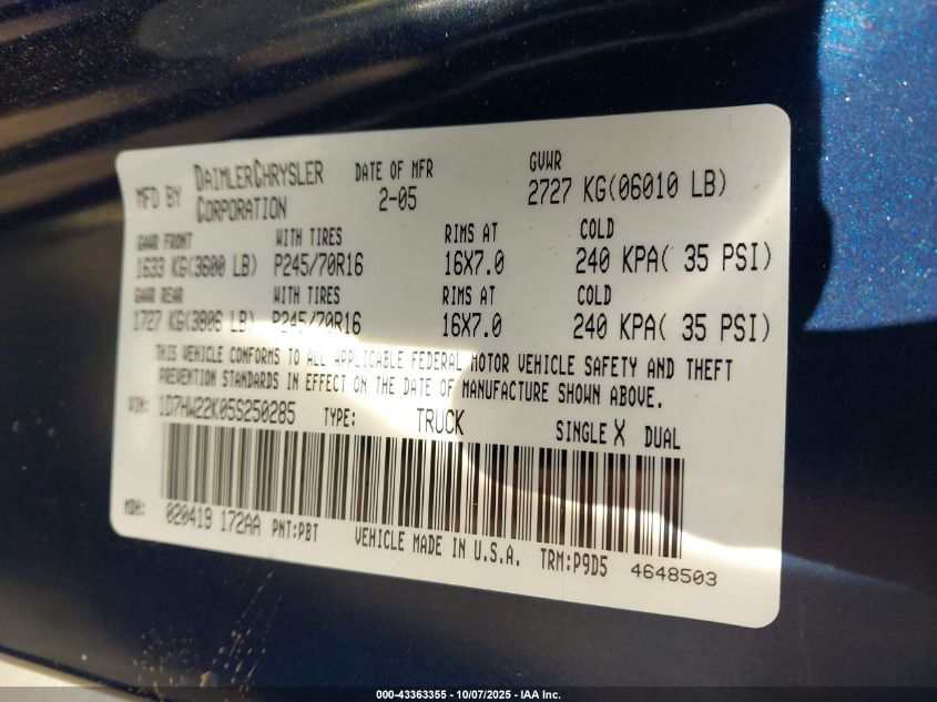 2005 Dodge Dakota St VIN: 1D7HW22K05S250285 Lot: 43363355