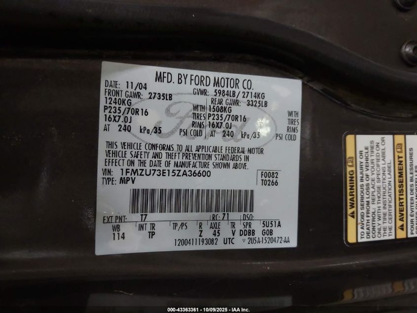2005 Ford Explorer Xlt/Xlt Sport VIN: 1FMZU73E15ZA36600 Lot: 43363361