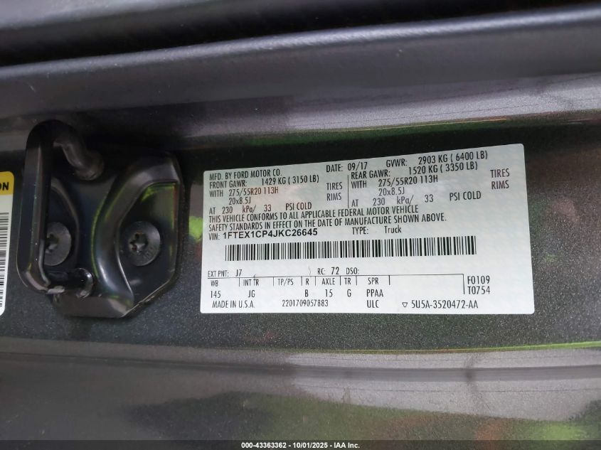 2018 Ford F-150 Xl VIN: 1FTEX1CP4JKC26645 Lot: 43363362