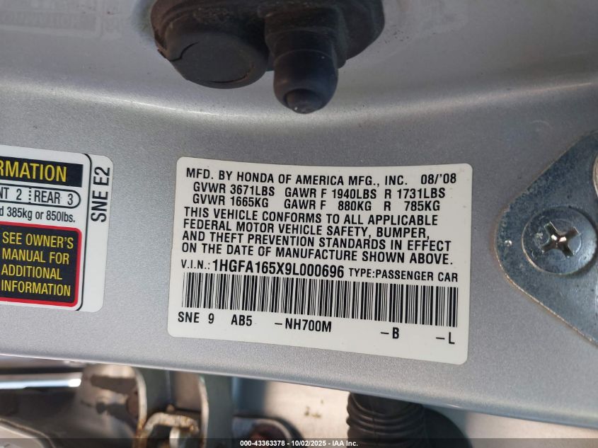 2009 Honda Civic Lx VIN: 1HGFA165X9L000696 Lot: 43363378