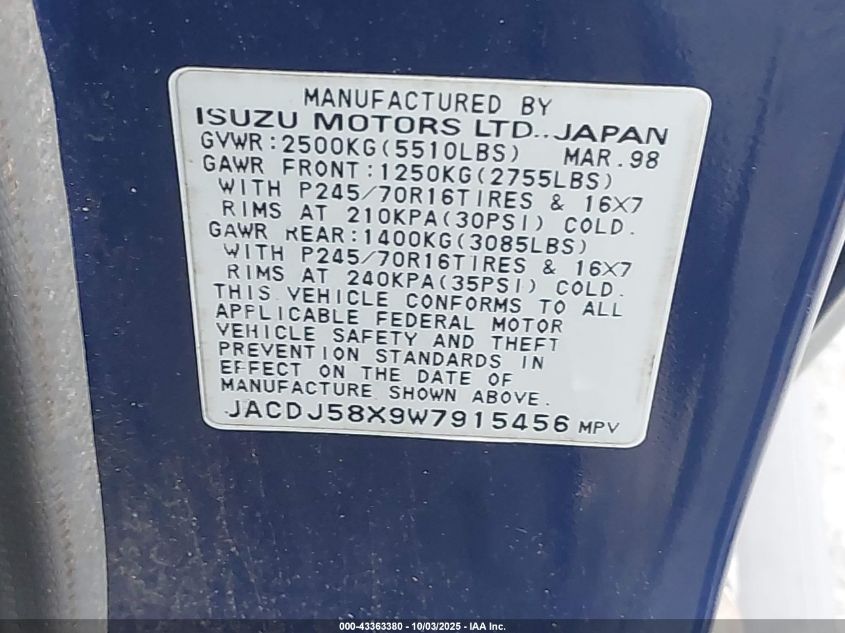 1998 Isuzu Trooper S VIN: JACDJ58X9W7915456 Lot: 43363380