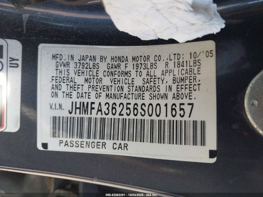 2006 Honda Civic Hybrid VIN: JHMFA36256S001657 Lot: 43363391