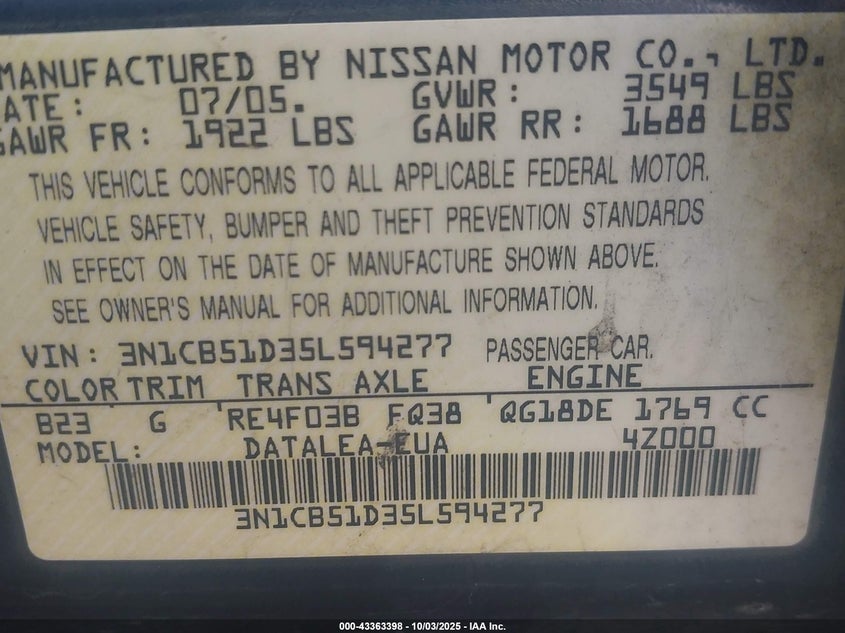 3N1CB51D35L594277 2005 NISSAN SENTRA photo no. 9