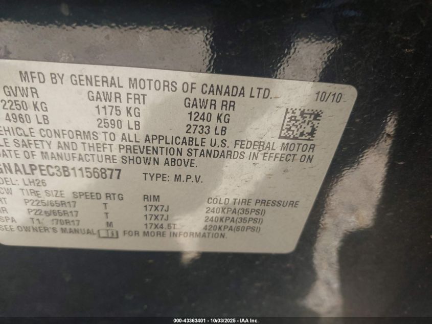 2011 Chevrolet Equinox 2Lt VIN: 2GNALPEC3B1156877 Lot: 43363401