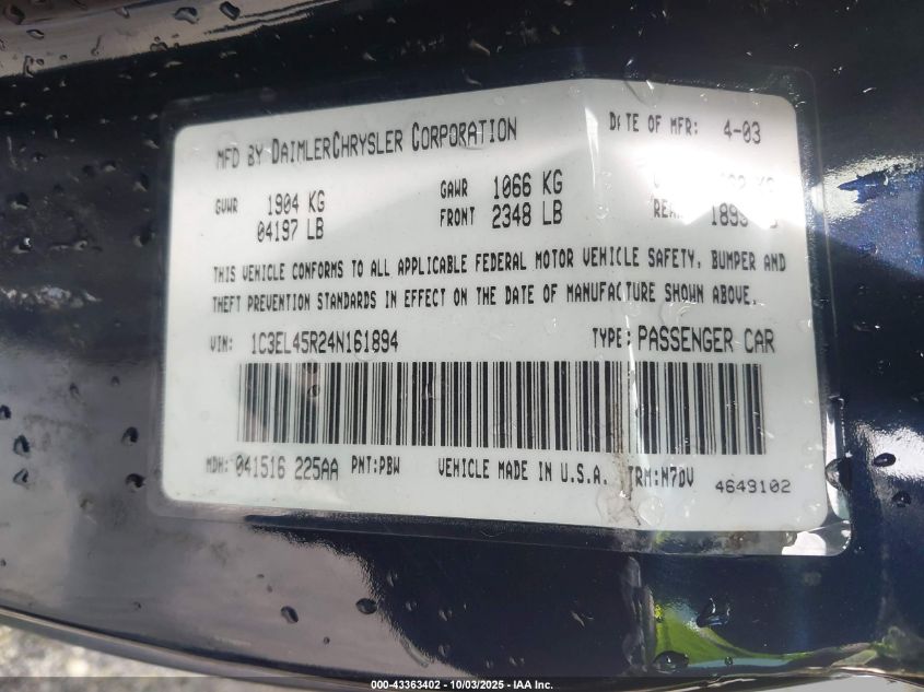 2004 Chrysler Sebring Lx VIN: 1C3EL45R24N161894 Lot: 43363402