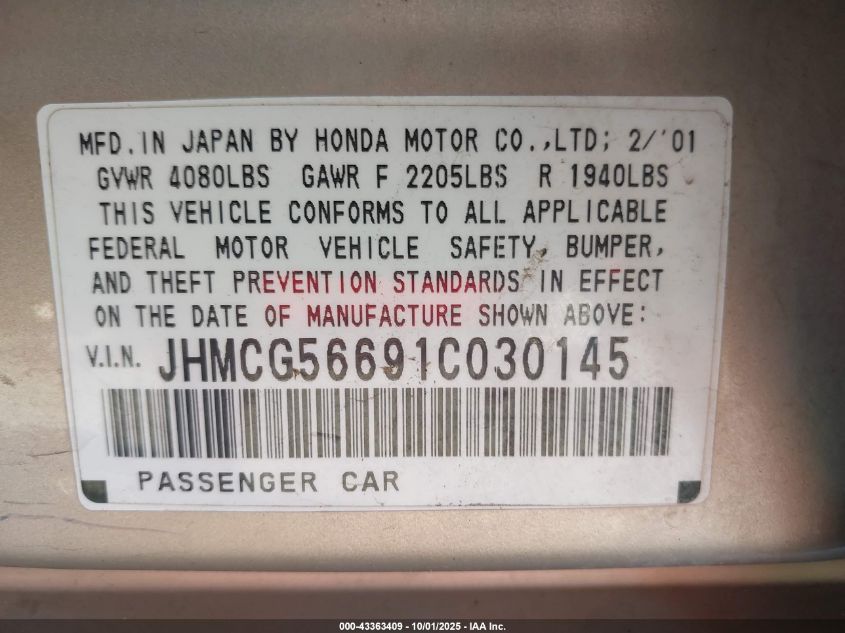 2001 Honda Accord 2.3 Ex VIN: JHMCG56691C030145 Lot: 43363409
