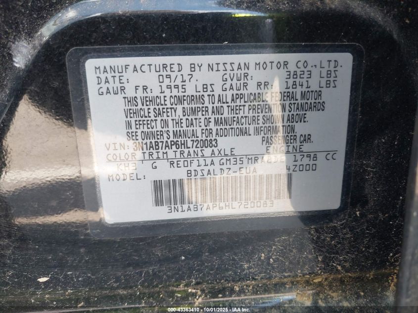 2017 Nissan Sentra Sv VIN: 3N1AB7AP6HL720083 Lot: 43363410