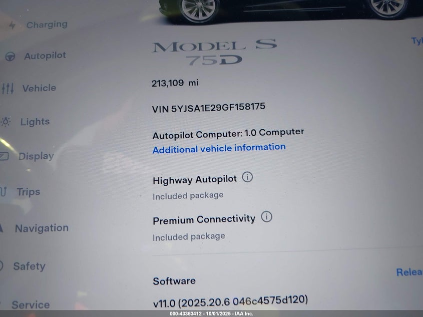 2016 Tesla Model S 60D/70D/75D/85D/90D VIN: 5YJSA1E29GF158175 Lot: 43363412