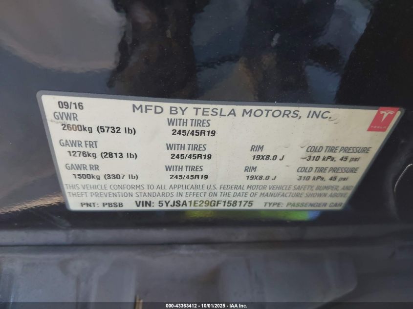 2016 Tesla Model S 60D/70D/75D/85D/90D VIN: 5YJSA1E29GF158175 Lot: 43363412