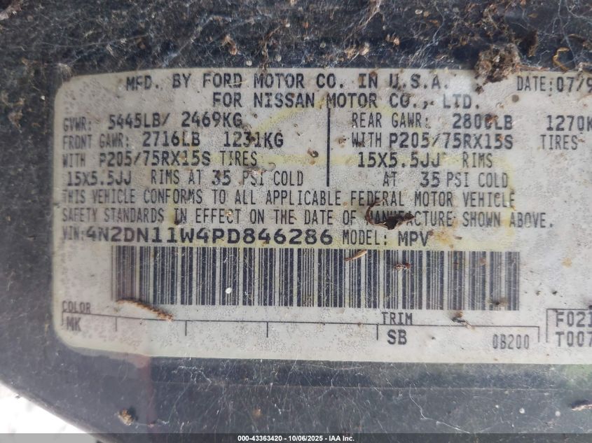 1993 Nissan Quest Gxe/Xe VIN: 4N2DN11W4PD846286 Lot: 43363420