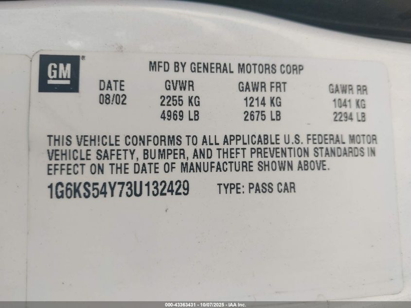 2003 Cadillac Seville Sls VIN: 1G6KS54Y73U132429 Lot: 43363431