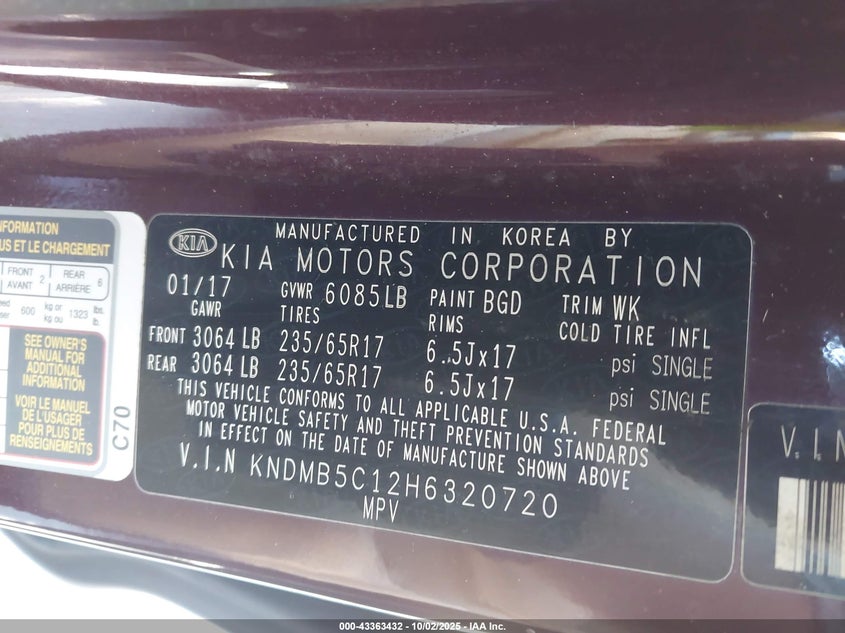 2017 KIA SEDONA LX KNDMB5C12H6320720