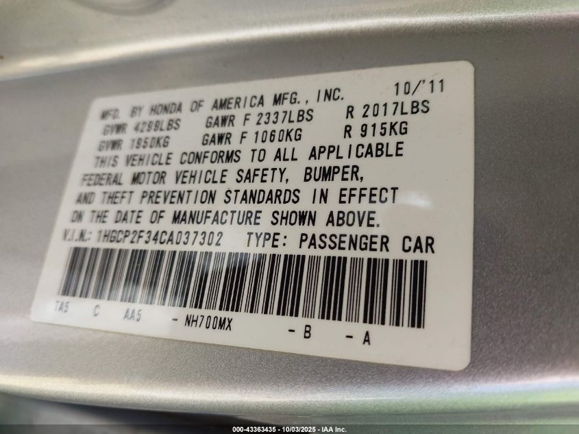 2012 Honda Accord 2.4 Lx VIN: 1HGCP2F34CA037302 Lot: 43363435