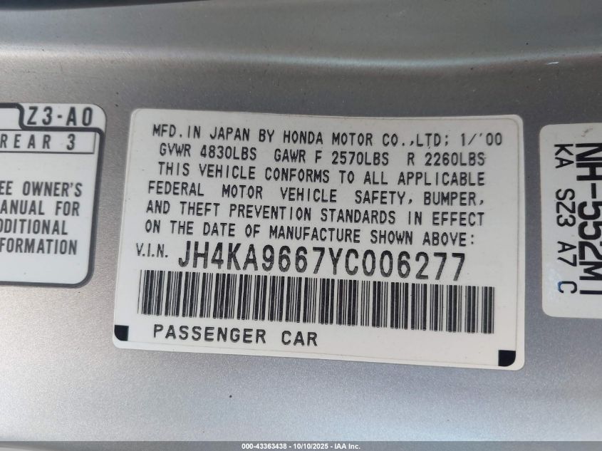 2000 Acura Rl 3.5 VIN: JH4KA9667YC006277 Lot: 43363438