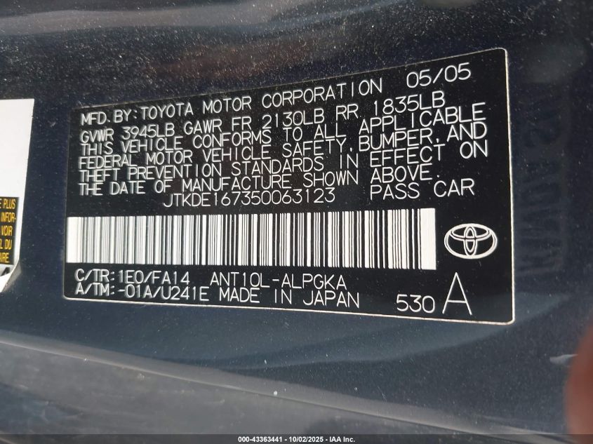 2005 Scion Tc VIN: JTKDE167350063123 Lot: 43363441