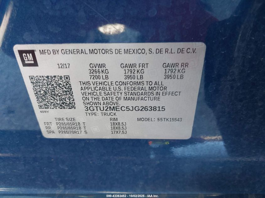 2018 GMC Sierra 1500 Sle VIN: 3GTU2MEC5JG263815 Lot: 43363452