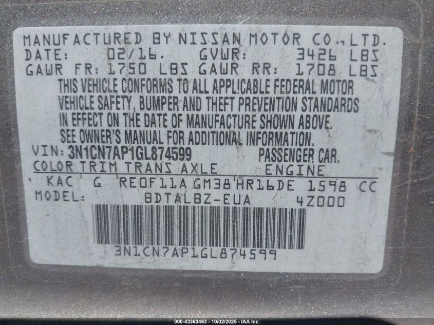 2016 Nissan Versa 1.6 S/1.6 S+/1.6 Sl/1.6 Sv VIN: 3N1CN7AP1GL874599 Lot: 43363463