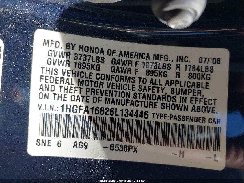 2006 Honda Civic Ex VIN: 1HGFA16826L134446 Lot: 43363469