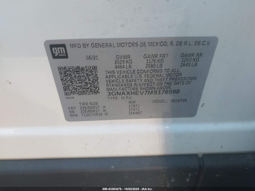 2021 Chevrolet Equinox Fwd Ls VIN: 3GNAXHEV7MS176598 Lot: 43363476