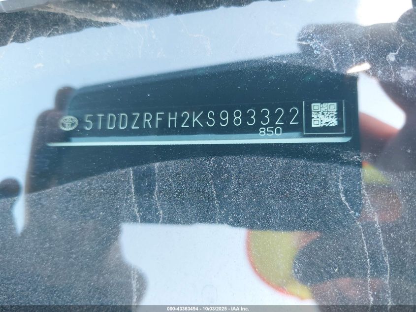 2019 Toyota Highlander Limited VIN: 5TDDZRFH2KS983322 Lot: 43363494