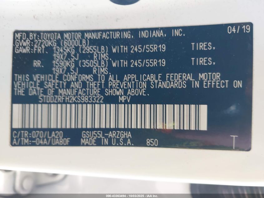 2019 Toyota Highlander Limited VIN: 5TDDZRFH2KS983322 Lot: 43363494