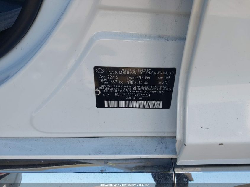 2016 Hyundai Sonata Sport VIN: 5NPE34AF9GH372554 Lot: 43363497