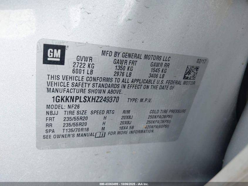 2017 GMC Acadia Denali VIN: 1GKKNPLSXHZ249370 Lot: 43363499