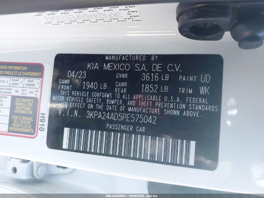 2023 Kia Rio S VIN: 3KPA24AD5PE575042 Lot: 43363501