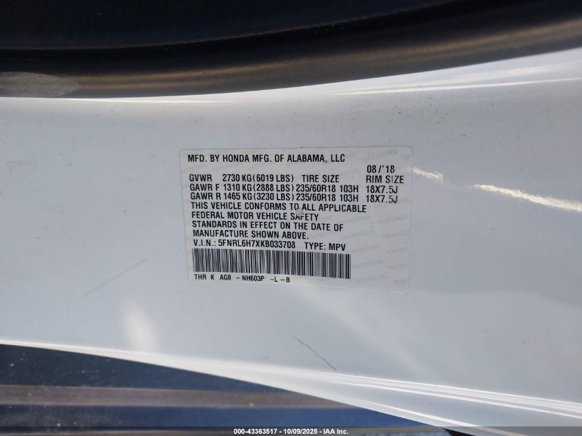 2019 Honda Odyssey Ex-L VIN: 5FNRL6H7XKB033708 Lot: 43363517