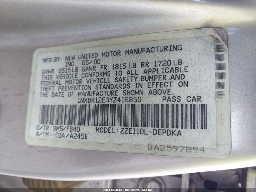 2000 Toyota Corolla Ce VIN: 1NXBR12E3YZ416850 Lot: 43363518