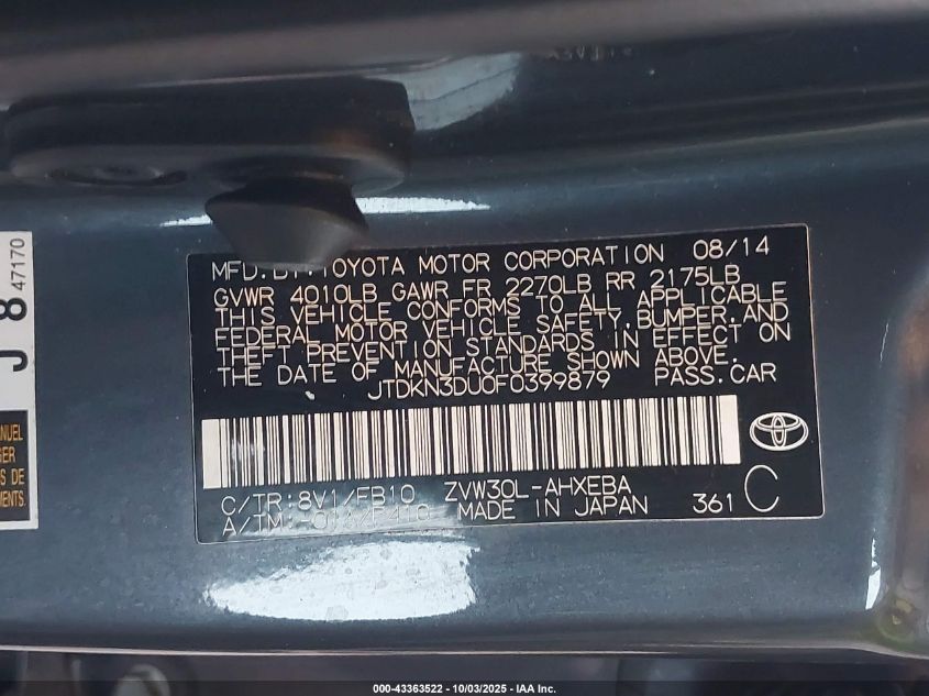 2015 Toyota Prius Two VIN: JTDKN3DU0F0399879 Lot: 43363522