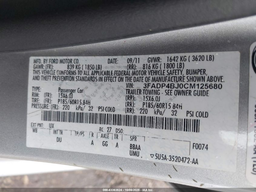 2012 Ford Fiesta Se VIN: 3FADP4BJ0CM125680 Lot: 43363524