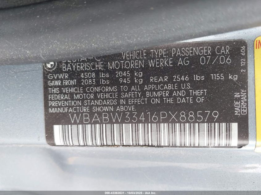 2006 BMW 325Ci VIN: WBABW33416PX88579 Lot: 43363531