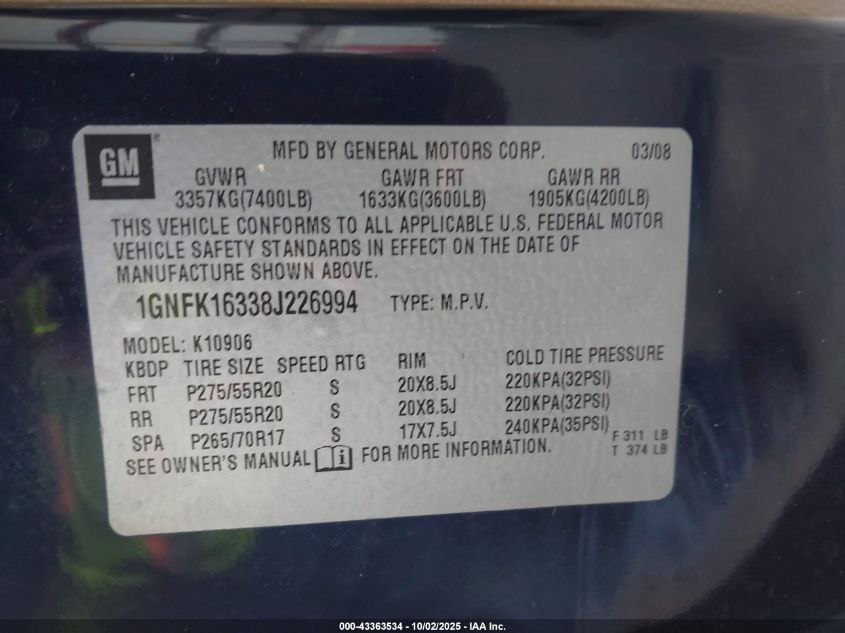 2008 Chevrolet Suburban 1500 Ltz VIN: 1GNFK16338J226994 Lot: 43363534