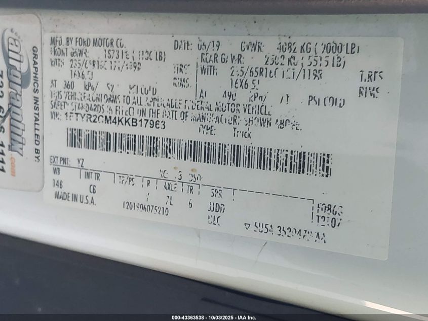 2019 Ford Transit-250 VIN: 1FTYR2CM4KKB17963 Lot: 43363538